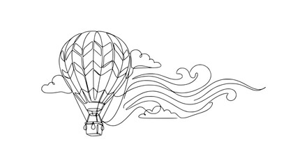 Fototapeta premium Hot Air Balloon Flying Through Clouds, Whimsical Line Art Design