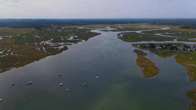 Hampton Beach and Hampton River marsh aerial view including Hampton Beach State Park, Town of Hampton, New Hampshire NH, USA.
