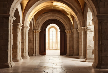 Fototapeta premium Stone archway corridor with open wooden doors and warm lighting
