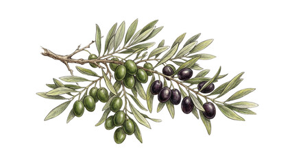 Fresh Green and Black Olive Branch with Leaves Vintage Botanical Vector Illustration © KHA