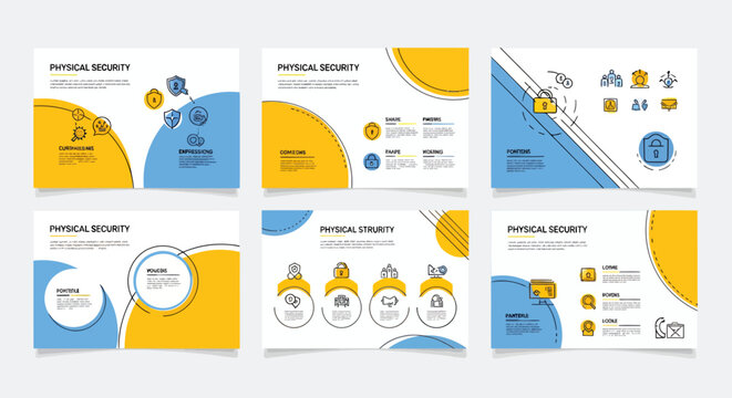 Bright yellow and blue modern presentation slides template set.