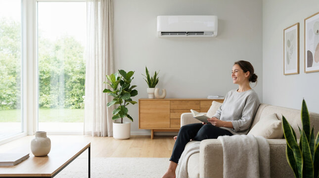 Happy woman reading a book on a sofa under a wall mounted air conditioner. Modern living room interior with fresh indoor air quality. Climate control and comfort at home
