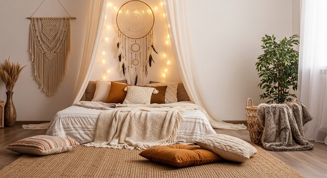 Cozy bedroom with dreamcatcher and string lights