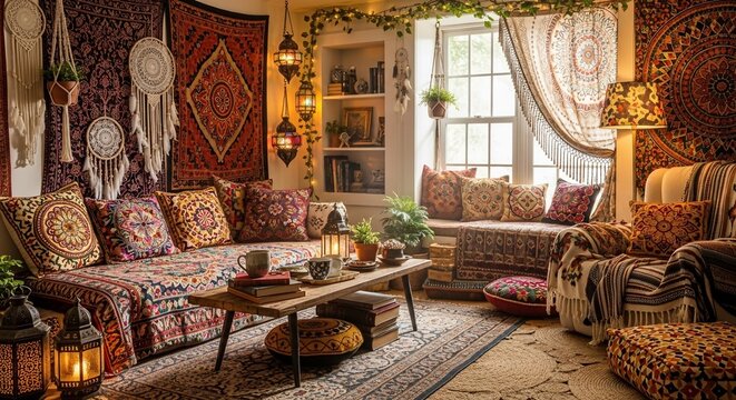 Cozy Bohemian Living Room Interior with Vintage Decor
