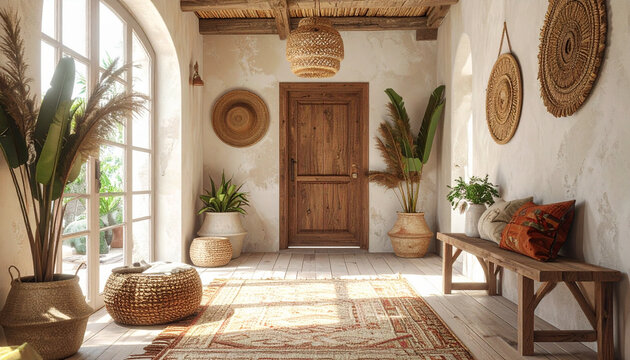 Cozy entryway with natural decor and plants