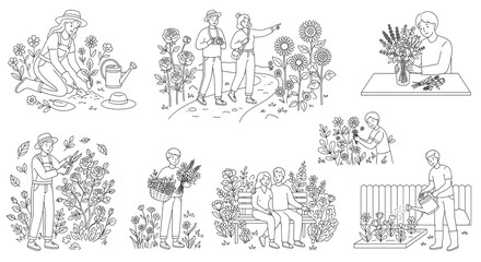 Obraz premium People enjoying and arranging flower outline vector illustration set. Line art characters working in garden, cutting bouquet and relaxing in nature.