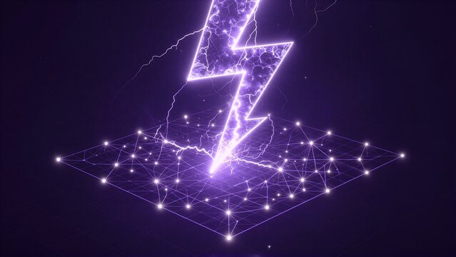 Purple lightning strikes glowing network grid, futuristic digital energy burst.