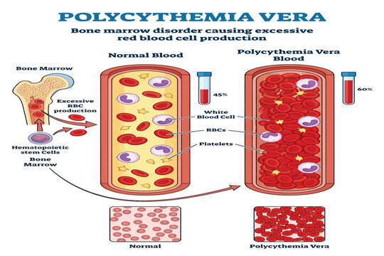 Illustration comparing normal blood and polycythemia vera blood composition.