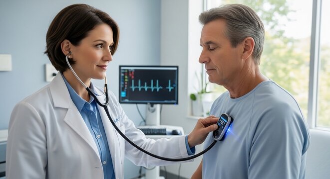 Doctor using stethoscope on patient in medical office