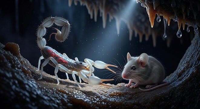 scorpion and mouse in cave confrontation wildlife scene