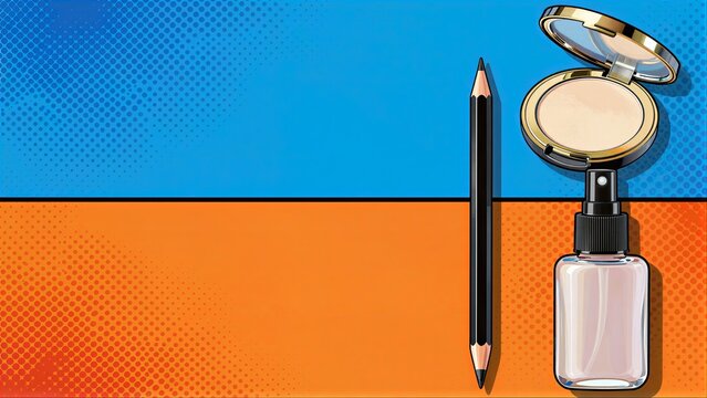 A pencil, compact powder, and spray bottle on a vibrant pop art background.