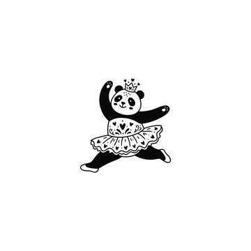 Cute panda ballerina dancing in a tutu skirt and wearing a crown, lovely little princess bear character doing ballet jump with hearts element, hand drawn vector line art illustration isolated on white
