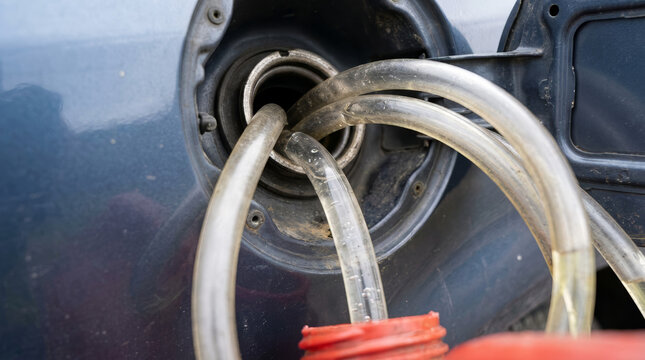 Close up of a makeshift siphoning setup with clear plastic hoses in a car fuel tank. Transferring gasoline into a red container