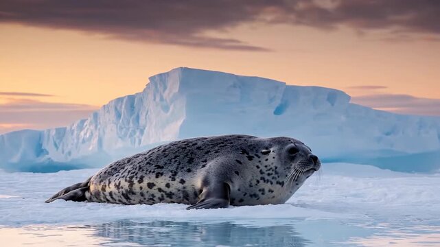 Majestic Seal Rests on Ice Floe in Arctic Waters at Sunset