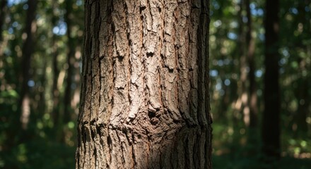 Obraz premium A close-up view of a mature tree trunk in a dense forest with textured bark in sharp focus and a softly blurred woodland background. The natural composition highlights the strength