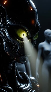 Intricate biomechanical alien head with bright yellow eyes.