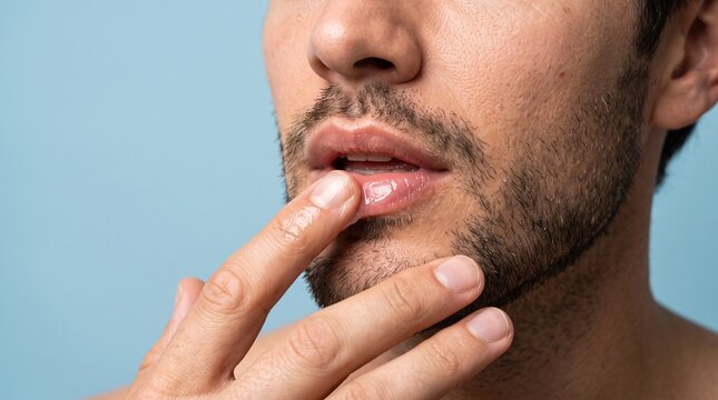 Man applying lip balm or moisturizer to his lips with his finger