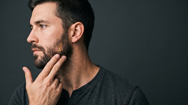 Man applying oil to beard with golden drop on cheek