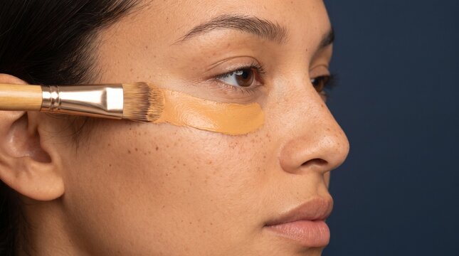 Close up of a woman applying foundation with a makeup brush on her face