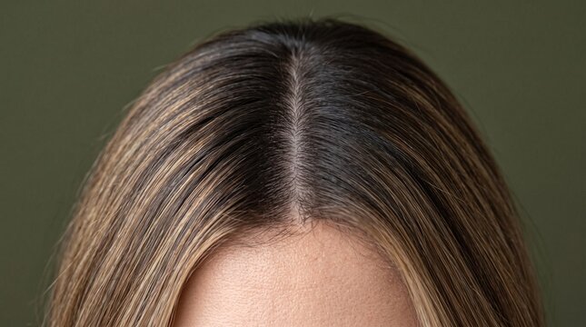Close up of a woman's scalp with dark roots and blonde highlights in her hair
