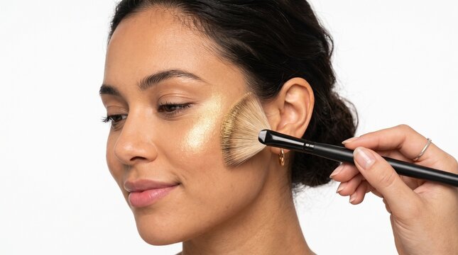 Woman applying golden highlighter makeup with a fan brush on cheekbone