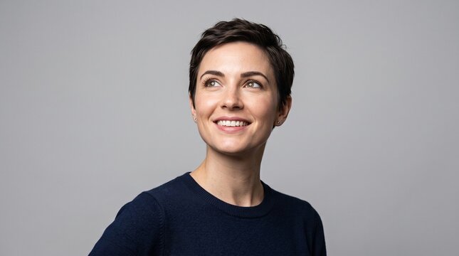 Portrait of a smiling woman with short brown hair looking up and to the side
