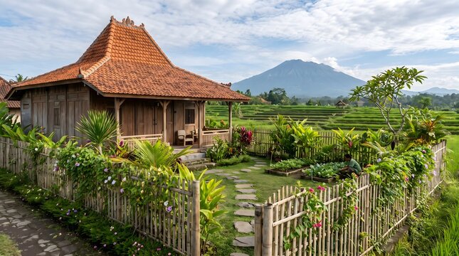 Traditional Indonesian wooden cottage with rustic bamboo fence near volcano mountain representing serene countryside eco tourism holiday living