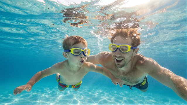 Father and son swim together underwater, smiling with goggles on.