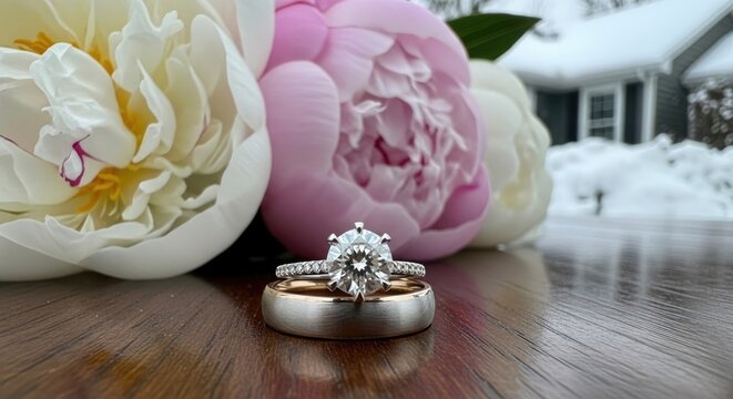 wedding rings and flowers on wooden table