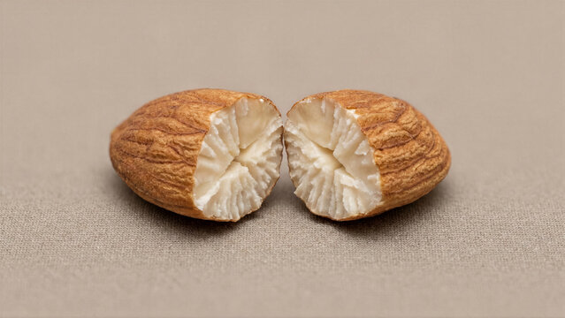 Macro photography of single raw almond nut split perfectly in half white grain kernel lines