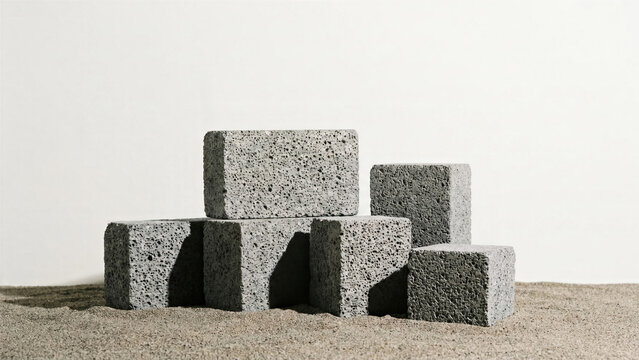Minimalist studio photo of geometric blocks of raw gray volcanic pumice stone on white sand
