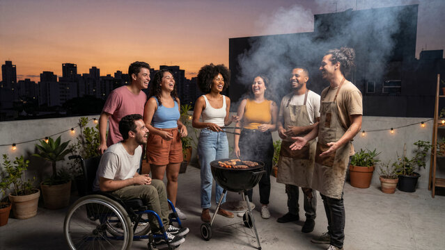 Inclusive group of young adults laughing while preparing barbecue dinner barbecue on urban rooftop patio