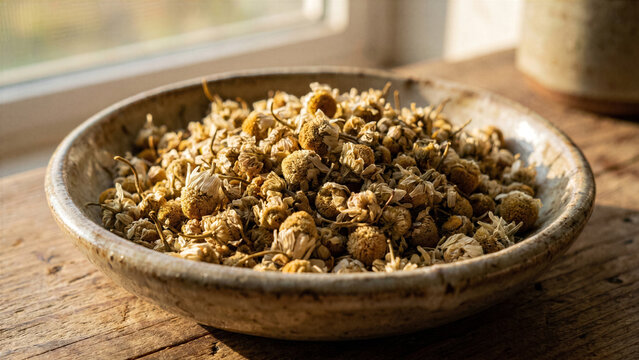 Close up shot of heap of dry chamomile flower heads in simple ceramic dish warm morning light