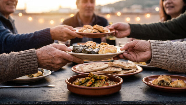 Macro view of hands passing plates of traditional homemade foods over slate during roof gathering