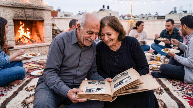 Mature siblings of Middle Eastern descent looking through old family photo album on cozy rooftop rug
