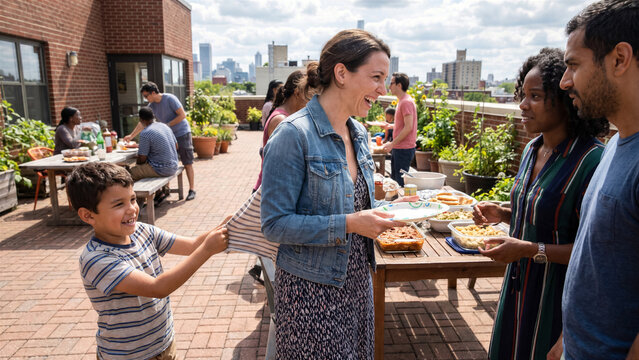 Single mother laughing while young son playfully pulls her sleeve during community rooftop potluck