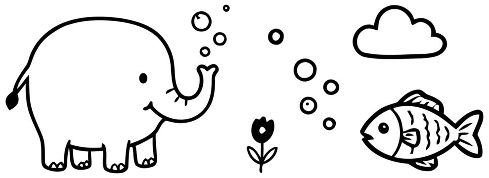 Elephant and fish cartoon illustration