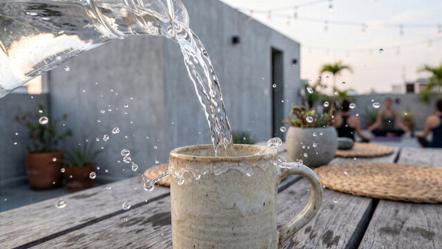 High speed macro of pure mineral water being poured into ceramic mug during rooftop meditation dinner