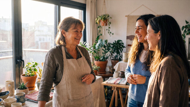 Mature female artisan with kind smile talking with neighbors during sunlit rooftop craft market