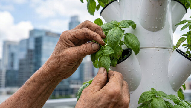Wrinkled hands of senior woman harvesting green basil from vertical hydroponic farm wall on city roof