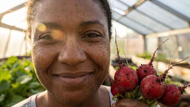 African American woman face with soil specks harvesting fresh red radishes from rooftop greenhouse