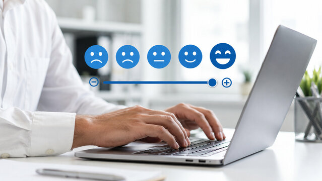 Office worker using laptop with floating feedback icons and slider