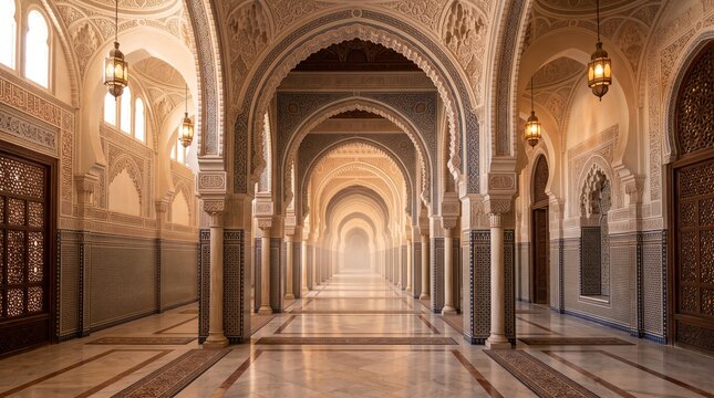 Interior of a traditional mosque with ornate arches and lanterns