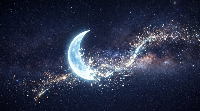 Shattering crescent moon dissolving into stardust in night sky