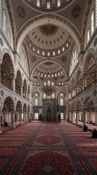 Interior view of a grand mosque with ornate dome and prayer carpet