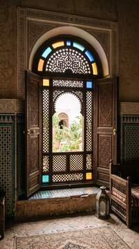 Ornate Moroccan wooden window opening to a riad garden