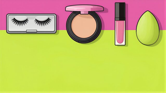 Cosmetics set: false lashes, powder, lipstick, and sponge on vibrant background.