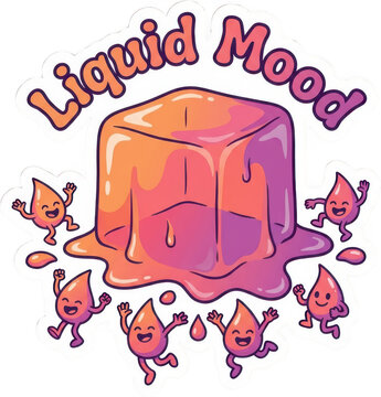 Fun cartoon style liquid cube with happy dripping characters and vibrant orange and purple gradient colors cute splash blob cheerful transparent background
