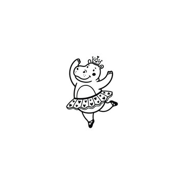 Cute dancing ballerina hippopotamus with crown line art illustration