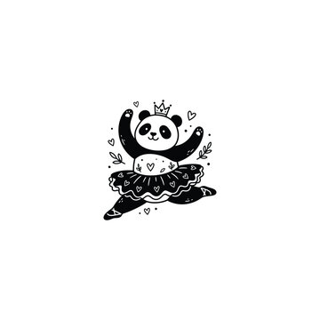 Cute panda ballerina dancing in a tutu skirt and wearing a crown, lovely little princess bear character doing ballet jump with hearts element, hand drawn vector line art illustration isolated on white